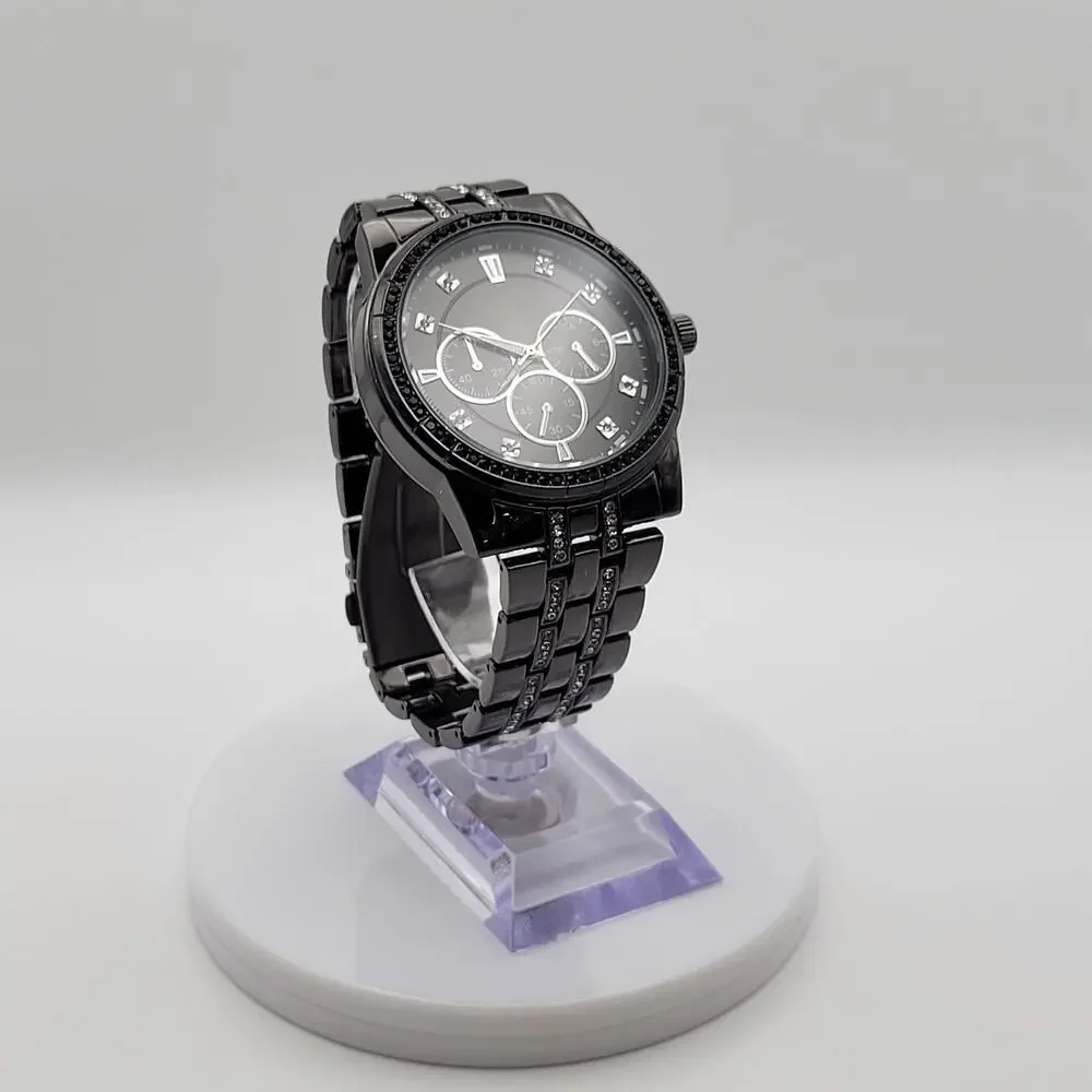 Mens Gunmetal Black Crystal Chronograph Style Quartz Watch Paved Bezel Bracelet